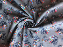 Load image into Gallery viewer, Grey Floral Skull Stretch Twill